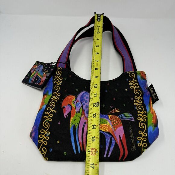 Laurel Burch Rainbow Horses on Black Scoop Tote Bag Canvas With Charm - Picture 4 of 7